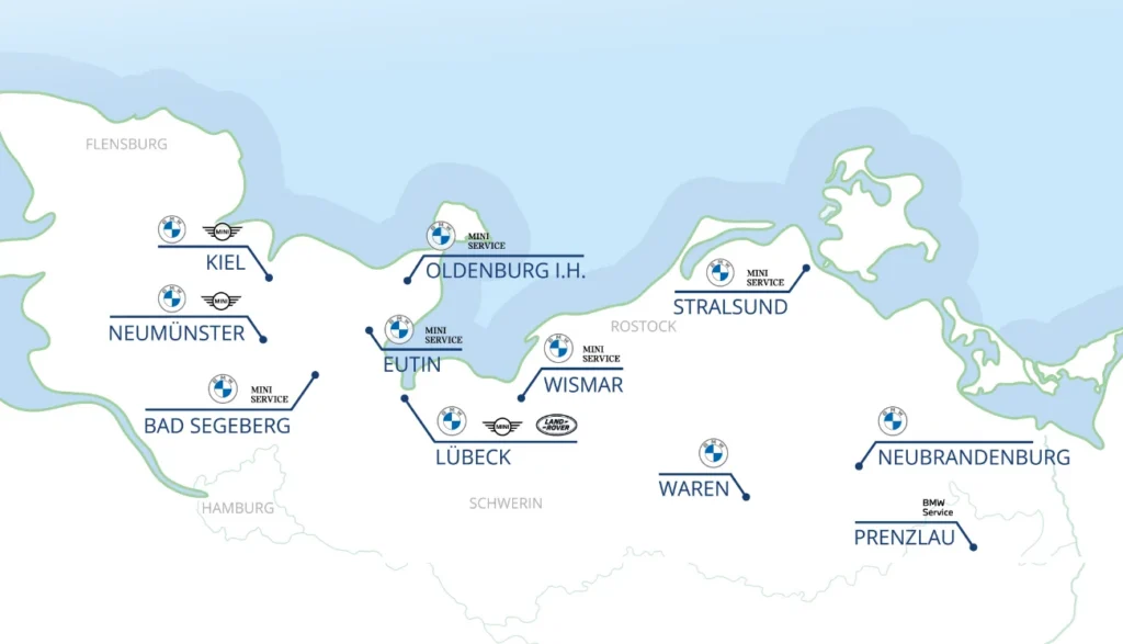 Karte mit den Standorten des Autohauses Hansa Nord